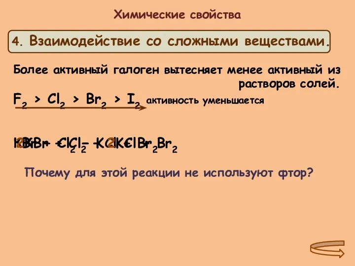 Химические свойства Более активный галоген вытесняет менее активный из растворов солей.