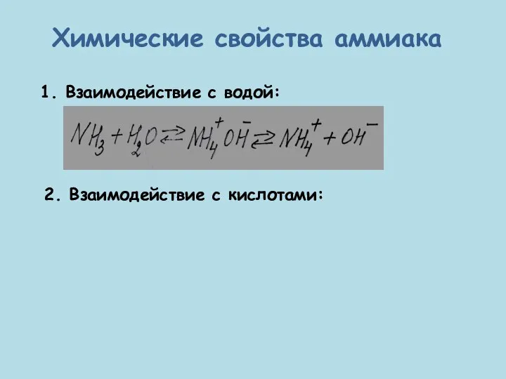 Химические свойства аммиака 1. Взаимодействие с водой: 2. Взаимодействие с кислотами: