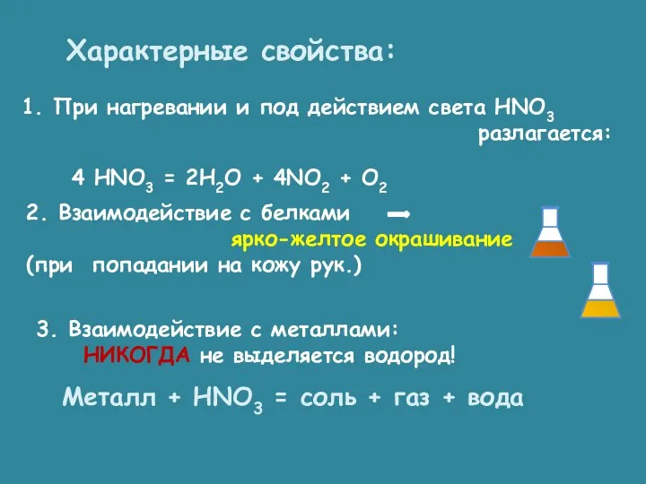 Характерные свойства: 1. При нагревании и под действием света HNO3 разлагается: