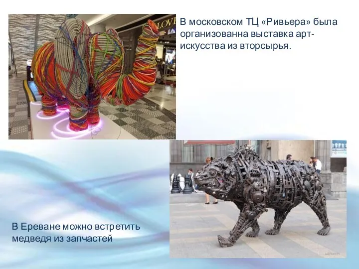 В московском ТЦ «Ривьера» была организованна выставка арт-искусства из вторсырья. В