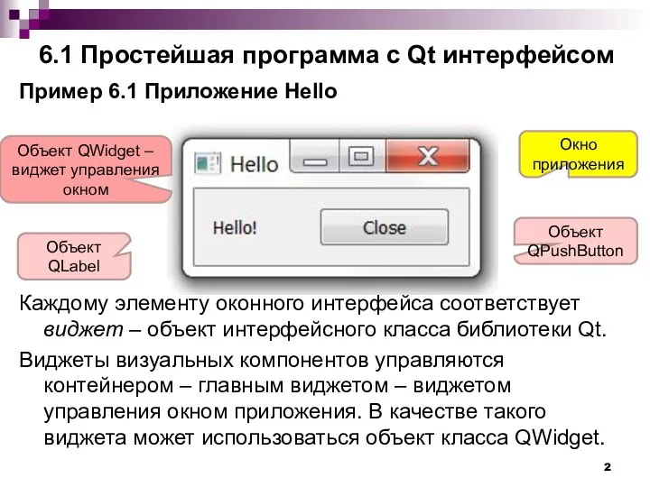 6.1 Простейшая программа с Qt интерфейсом Пример 6.1 Приложение Hello Каждому