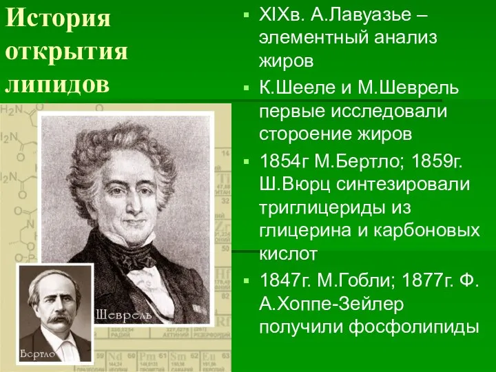 История открытия липидов XIXв. А.Лавуазье – элементный анализ жиров К.Шееле и