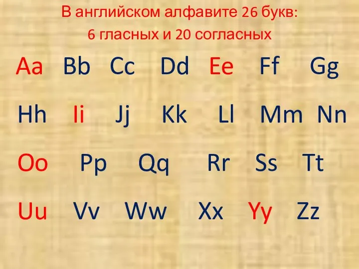 В английском алфавите 26 букв: 6 гласных и 20 согласных Aa