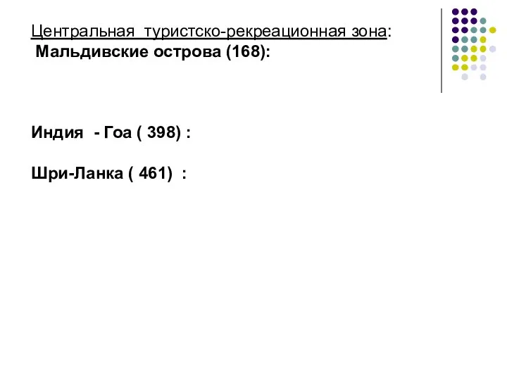 Центральная туристско-рекреационная зона: Мальдивские острова (168): Индия - Гоа ( 398) : Шри-Ланка ( 461) :
