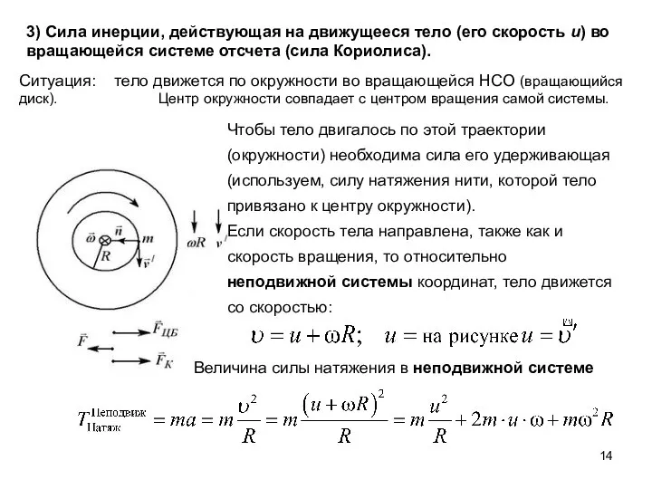 3) Сила инерции, действующая на движущееся тело (его скорость u) во