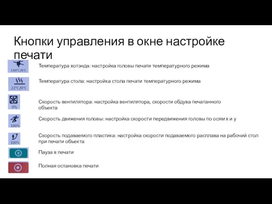 Кнопки управления в окне настройке печати Температура хотэнда: настройка головы печати