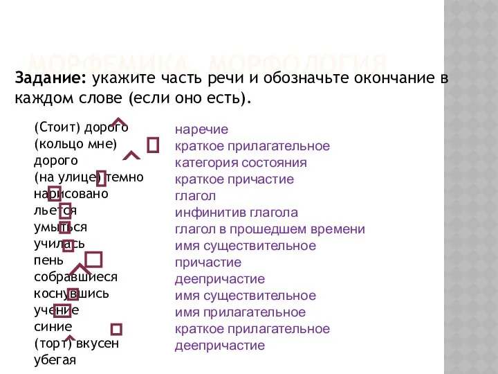 МОРФЕМИКА. МОРФОЛОГИЯ Задание: укажите часть речи и обозначьте окончание в каждом