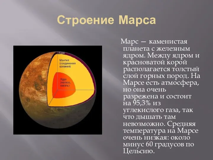 Строение Марса Марс — каменистая планета с железным ядром. Между ядром