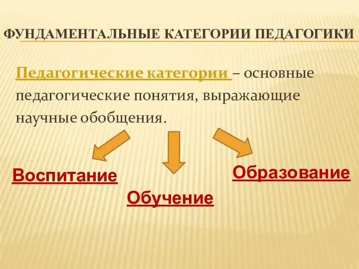 ФУНДАМЕНТАЛЬНЫЕ КАТЕГОРИИ ПЕДАГОГИКИ Педагогические категории – основные педагогические понятия, выражающие научные обобщения. Воспитание Образование Обучение