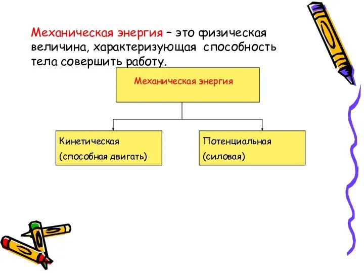 Механическая энергия – это физическая величина, характеризующая способность тела совершить работу.