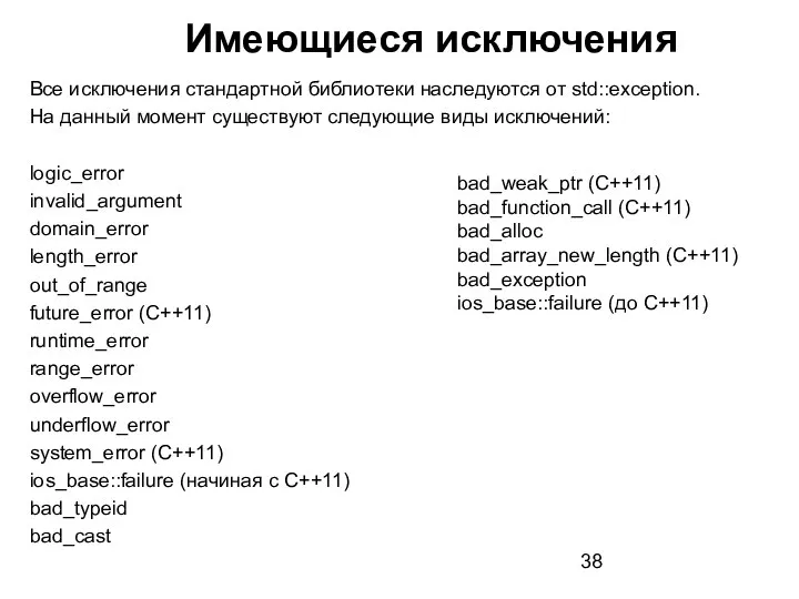 Все исключения стандартной библиотеки наследуются от std::exception. На данный момент существуют