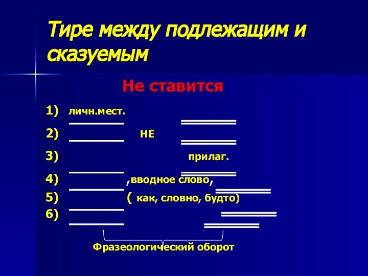 Тире между подлежащим и сказуемым Не ставится 1) личн.мест. 2) НЕ