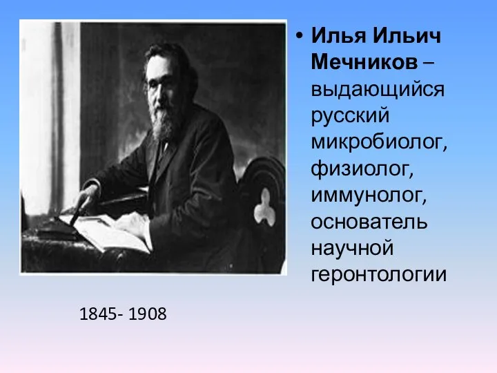 Илья Ильич Мечников – выдающийся русский микробиолог, физиолог, иммунолог, основатель научной геронтологии 1845- 1908