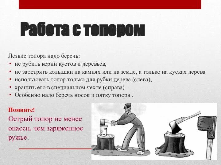 Работа с топором Лезвие топора надо беречь: не рубить корни кустов