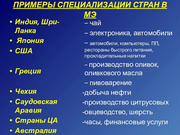 ПРИМЕРЫ СПЕЦИАЛИЗАЦИИ СТРАН В МЭ Индия, Шри-Ланка Япония США Греция Чехия