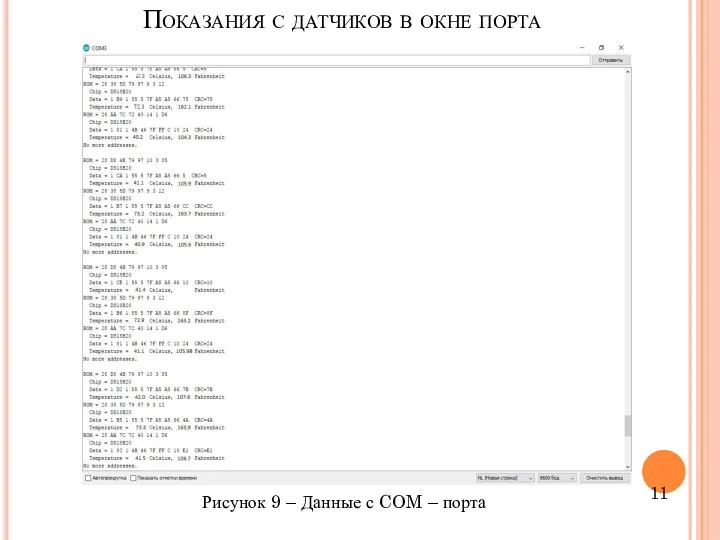 Показания с датчиков в окне порта Рисунок 9 – Данные с COM – порта 11