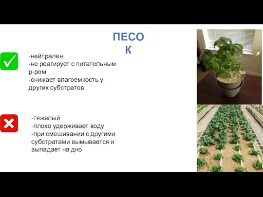 ПЕСОК -нейтрален -не реагирует с питательным р-ром -снижает влагоемкость у других