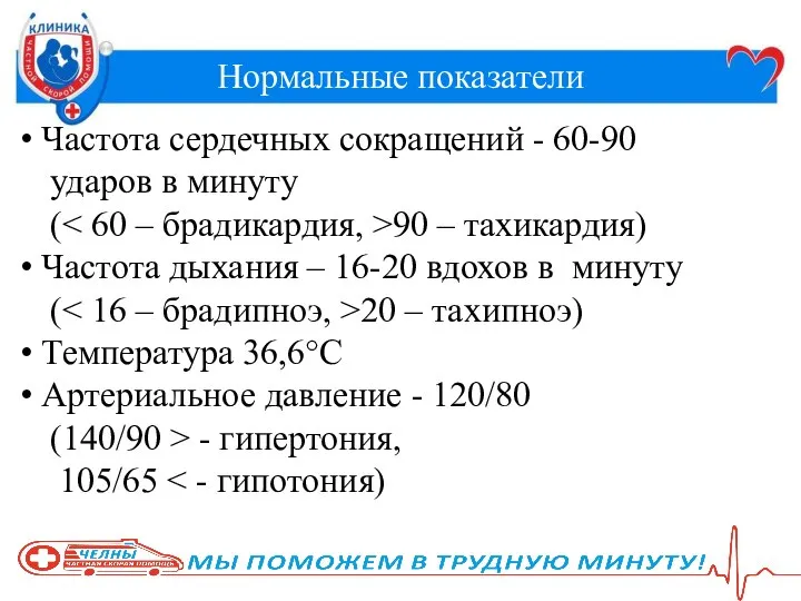 Нормальные показатели Частота сердечных сокращений - 60-90 ударов в минуту (