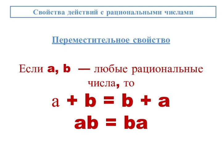 Свойства действий с рациональными числами Переместительное свойство Если a, b —