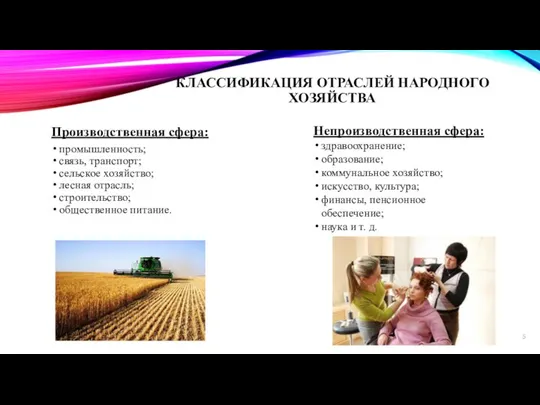 КЛАССИФИКАЦИЯ ОТРАСЛЕЙ НАРОДНОГО ХОЗЯЙСТВА Производственная сфера: промышленность; связь, транспорт; сельское хозяйство;