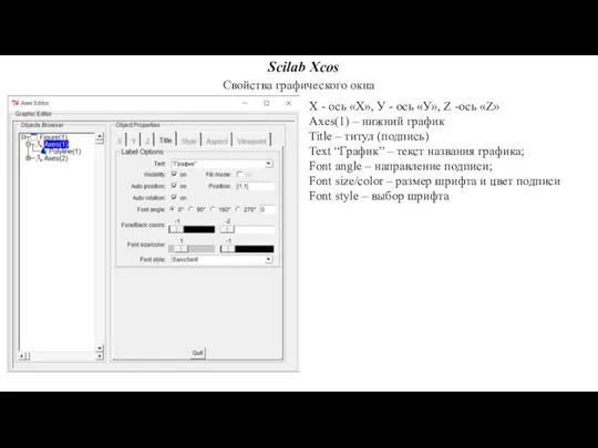 Scilab Xcos Свойства графического окна Х - ось «Х», У -