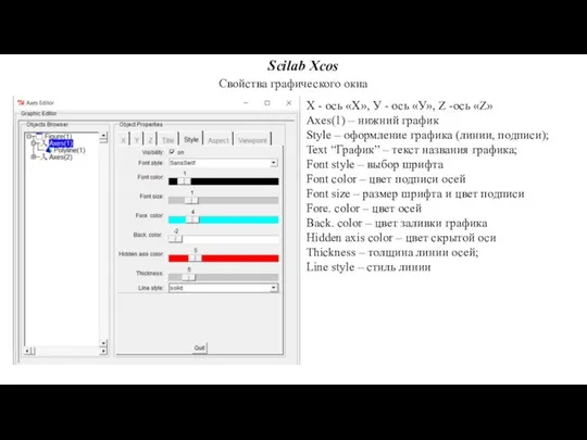Scilab Xcos Свойства графического окна Х - ось «Х», У -