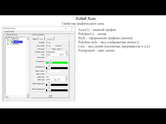 Scilab Xcos Свойства графического окна Axes(1) – нижний график Polyline(1) –