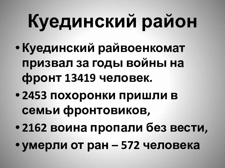 Куединский район Куединский райвоенкомат призвал за годы войны на фронт 13419