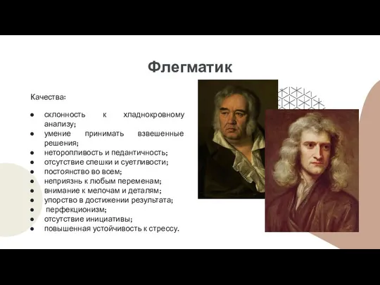 Флегматик Качества: склонность к хладнокровному анализу; умение принимать взвешенные решения; неторопливость