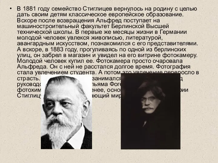 В 1881 году семейство Стиглицев вернулось на родину с целью дать