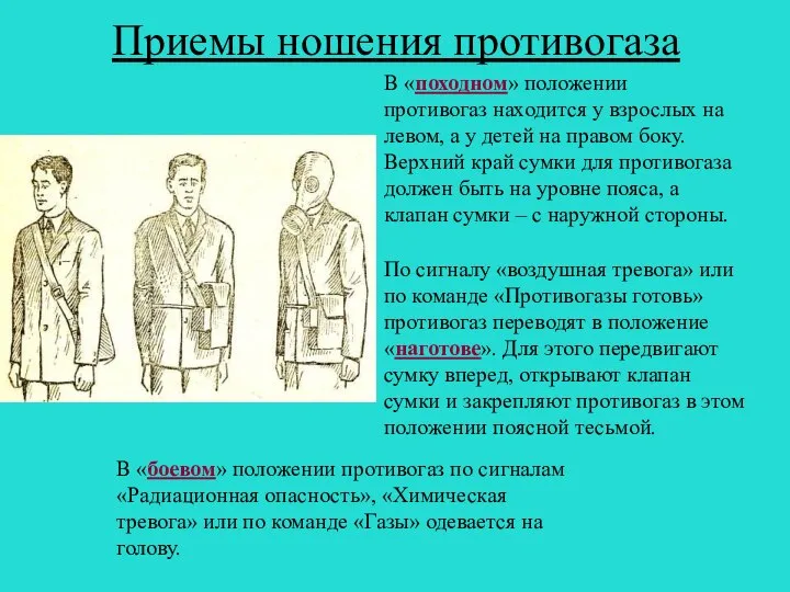 Приемы ношения противогаза В «походном» положении противогаз находится у взрослых на