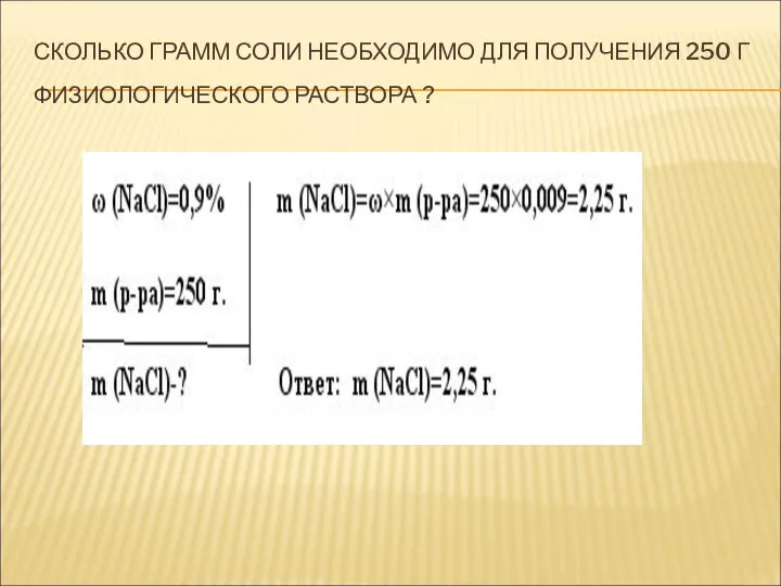 СКОЛЬКО ГРАММ СОЛИ НЕОБХОДИМО ДЛЯ ПОЛУЧЕНИЯ 250 Г ФИЗИОЛОГИЧЕСКОГО РАСТВОРА ?