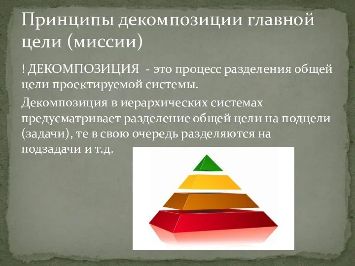 Принципы декомпозиции главной цели (миссии) ! ДЕКОМПОЗИЦИЯ - это процесс разделения