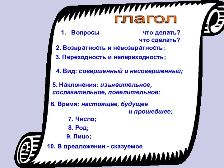 глагол Вопросы что делать? что сделать? 4. Вид: совершенный и несовершенный;