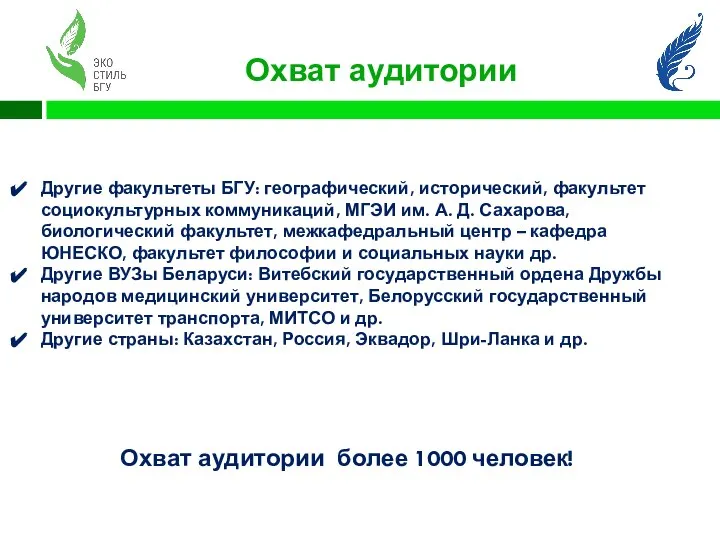 Охват аудитории Другие факультеты БГУ: географический, исторический, факультет социокультурных коммуникаций, МГЭИ