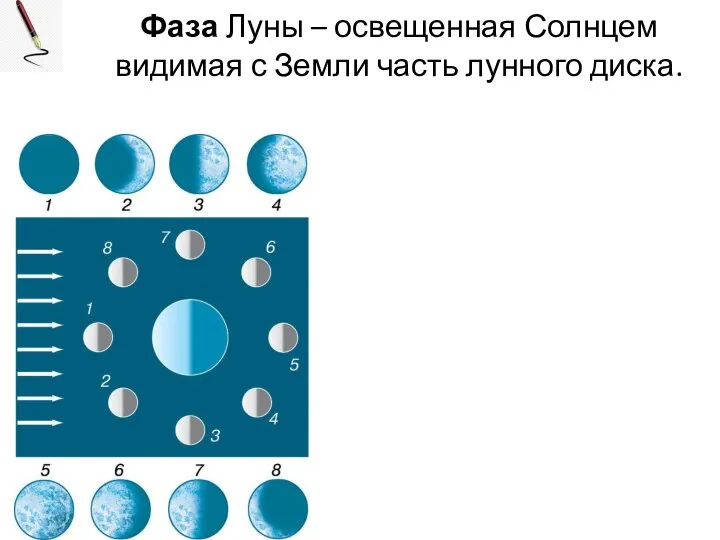 Фаза Луны – освещенная Солнцем видимая с Земли часть лунного диска.