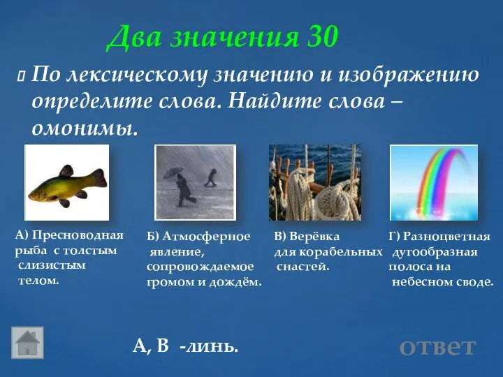 Два значения 30 А, В -линь. ответ По лексическому значению и