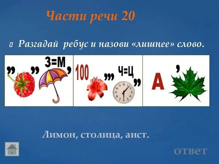 Части речи 20 Лимон, столица, аист. Разгадай ребус и назови «лишнее» слово. ответ