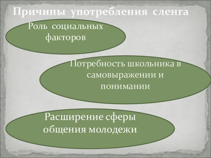 Причины употребления сленга Роль социальных факторов Потребность школьника в самовыражении и понимании Расширение сферы общения молодежи