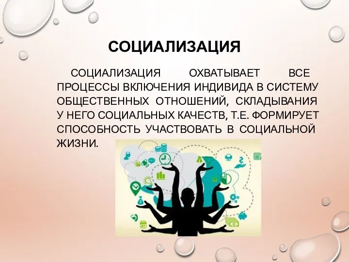 СОЦИАЛИЗАЦИЯ СОЦИАЛИЗАЦИЯ ОХВАТЫВАЕТ ВСЕ ПРОЦЕССЫ ВКЛЮЧЕНИЯ ИНДИВИДА В СИСТЕМУ ОБЩЕСТВЕННЫХ ОТНОШЕНИЙ,