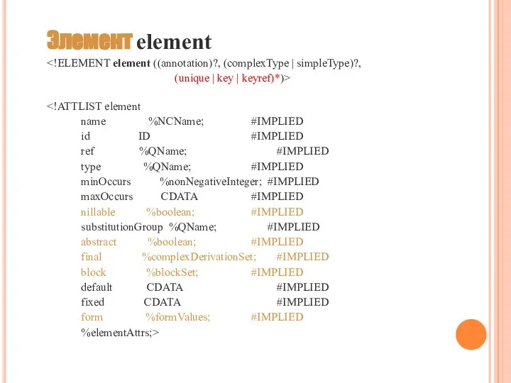 Элемент element (unique | key | keyref)*)> name %NCName; #IMPLIED id