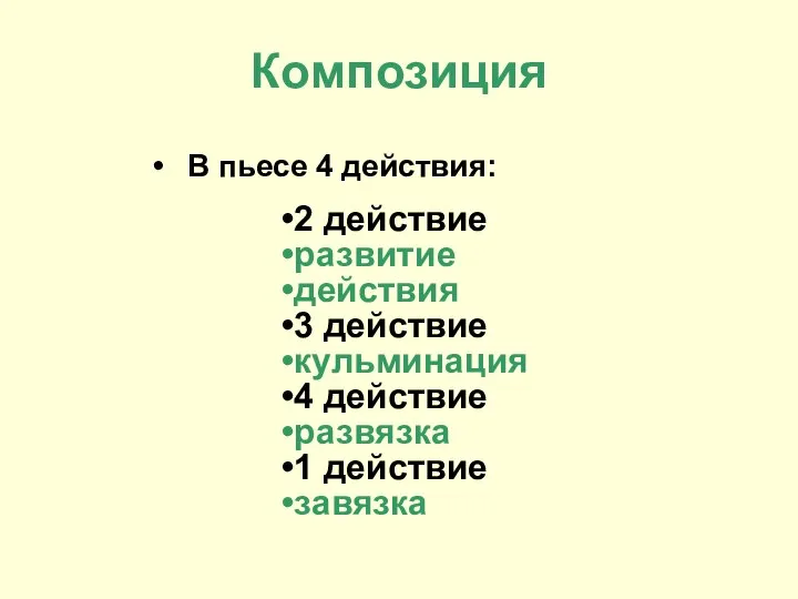 Композиция В пьесе 4 действия: 2 действие развитие действия 3 действие