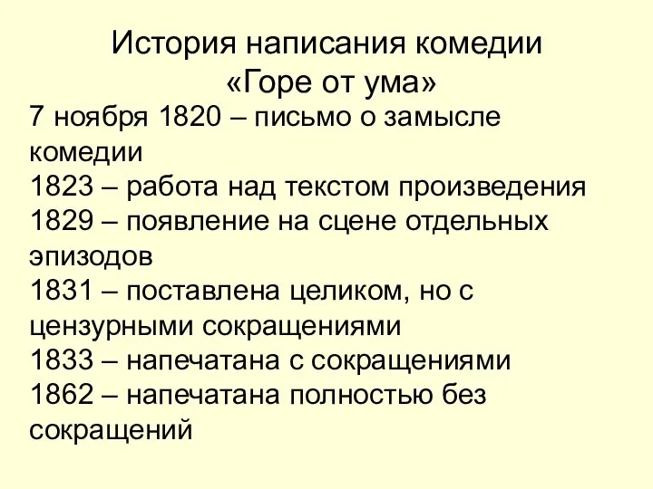 История написания комедии «Горе от ума» 7 ноября 1820 – письмо