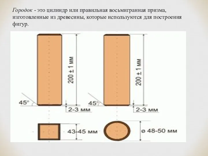 Городок - это цилиндр или правильная восьмигранная призма, изготовленные из древесины, которые используются для построения фигур.