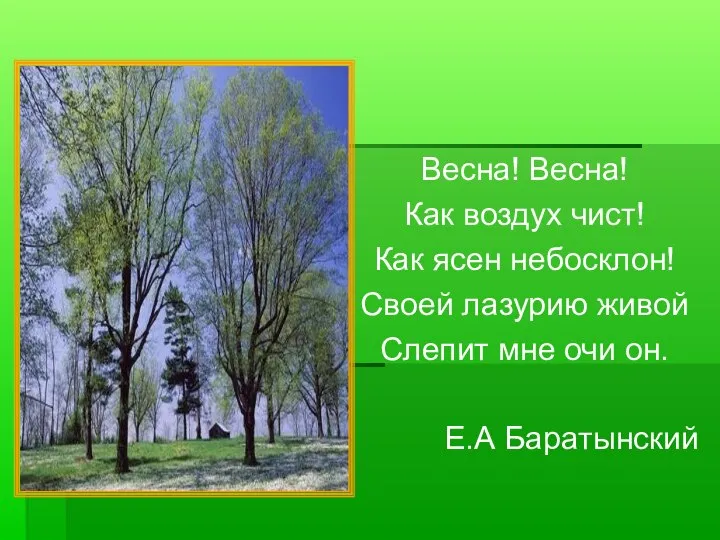 Весна! Весна! Как воздух чист! Как ясен небосклон! Своей лазурию живой