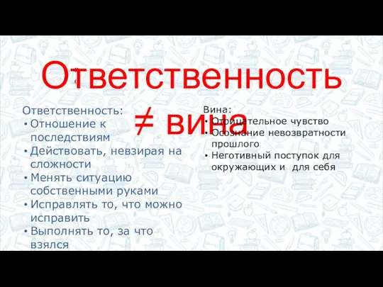 Ответственность ≠ вина Ответственность: Отношение к последствиям Действовать, невзирая на сложности