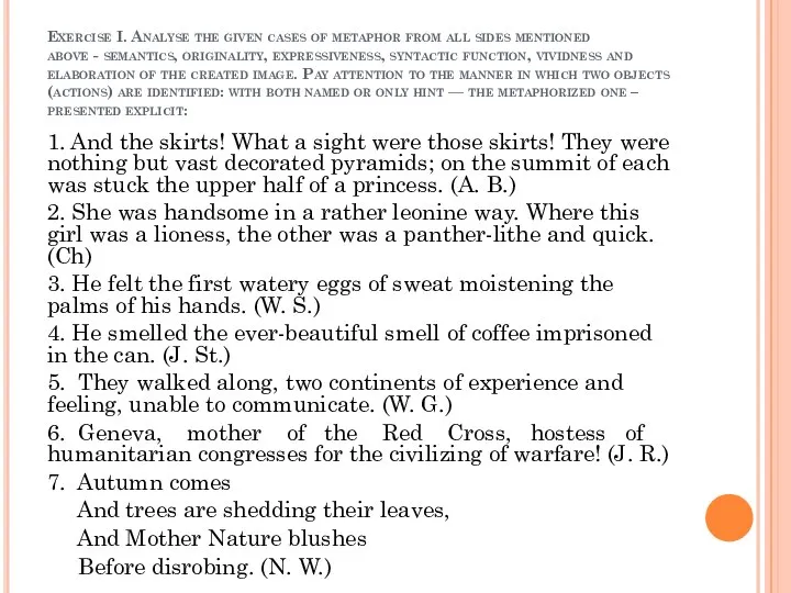 Exercise I. Analyse the given cases of metaphor from all sides