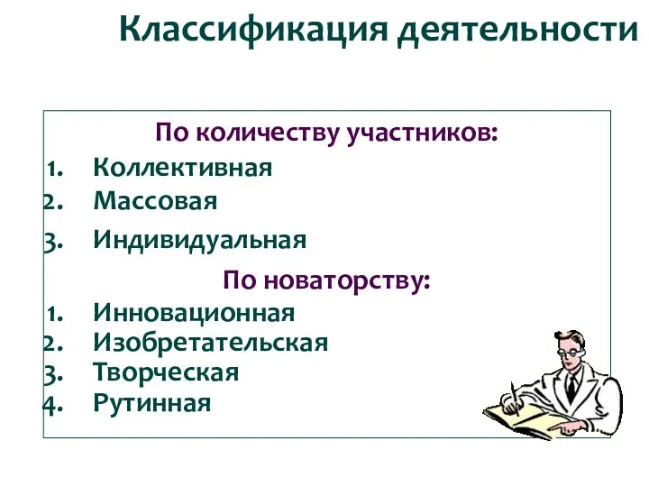 По количеству участников: Коллективная Массовая Индивидуальная По новаторству: Инновационная Изобретательская Творческая Рутинная Классификация деятельности