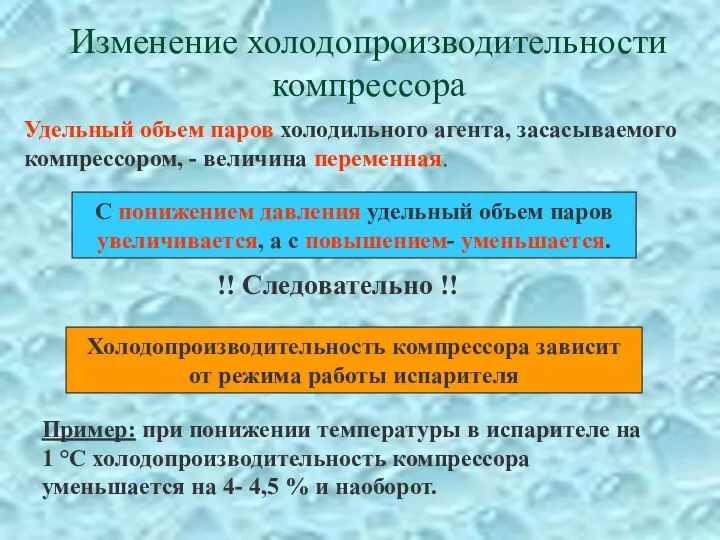 Изменение холодопроизводительности компрессора Удельный объем паров холодильного агента, засасываемого компрессором, -