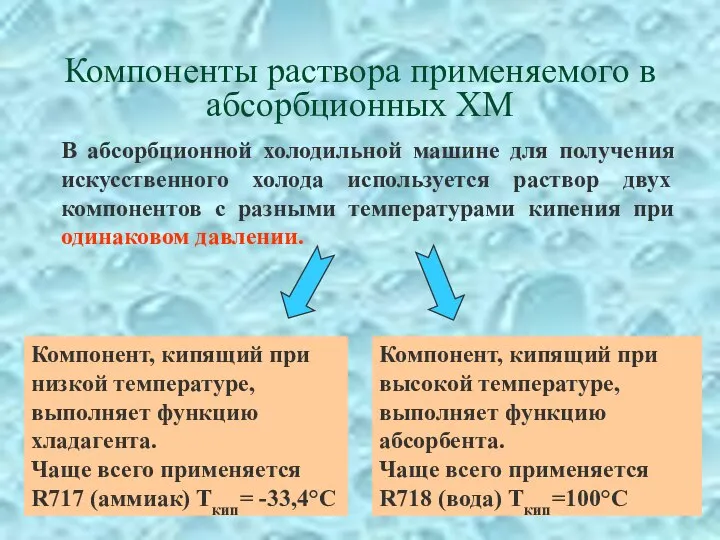 Компоненты раствора применяемого в абсорбционных ХМ В абсорбционной холодильной машине для